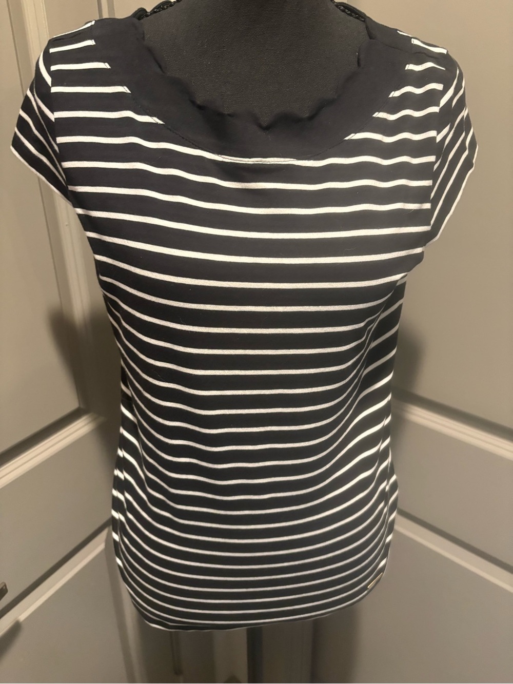 Anne Klein Black and White Striped Short Sleeve Top